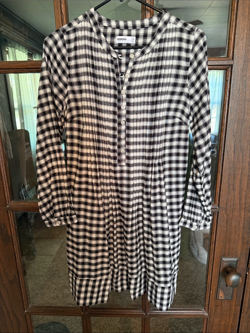 Sonoma Goods For Life Black White‎ Plaid Henley Tunic Dress Petite Small PS